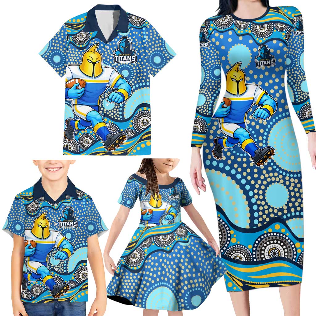 Gold Coast Titans Family Matching Long Sleeve Bodycon Dress and Hawaiian Shirt Aboriginal Dot Pattern - Rugby Mascot Heritage Pride