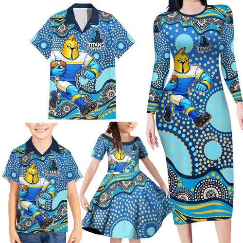 Gold Coast Titans Family Matching Long Sleeve Bodycon Dress and Hawaiian Shirt Aboriginal Dot Pattern - Rugby Mascot Heritage Pride