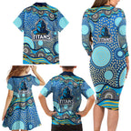 Gold Coast Titans Family Matching Long Sleeve Bodycon Dress and Hawaiian Shirt Aboriginal Dot Pattern - Rugby Mascot Heritage Pride