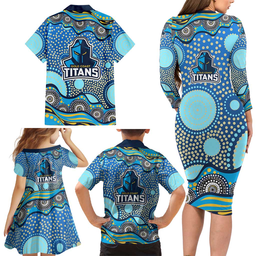 Gold Coast Titans Family Matching Long Sleeve Bodycon Dress and Hawaiian Shirt Aboriginal Dot Pattern - Rugby Mascot Heritage Pride