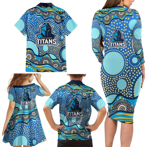Gold Coast Titans Family Matching Long Sleeve Bodycon Dress and Hawaiian Shirt Aboriginal Dot Pattern - Rugby Mascot Heritage Pride