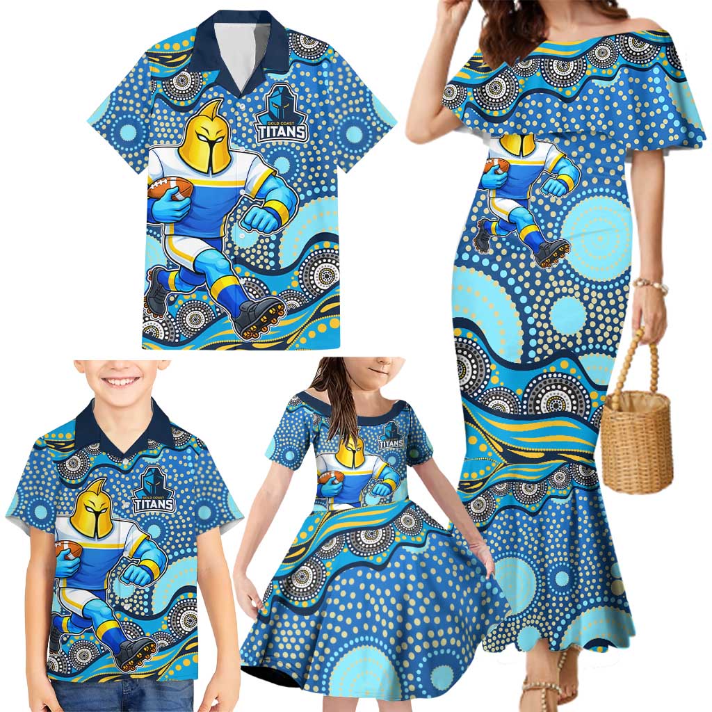 Gold Coast Titans Family Matching Mermaid Dress and Hawaiian Shirt Aboriginal Dot Pattern - Rugby Mascot Heritage Pride