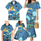Gold Coast Titans Family Matching Mermaid Dress and Hawaiian Shirt Aboriginal Dot Pattern - Rugby Mascot Heritage Pride
