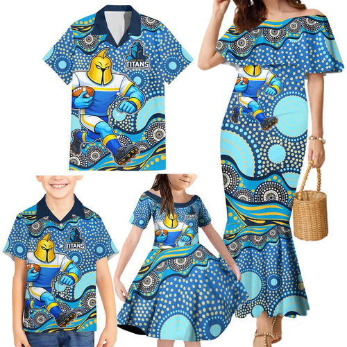 Gold Coast Titans Family Matching Mermaid Dress and Hawaiian Shirt Aboriginal Dot Pattern - Rugby Mascot Heritage Pride