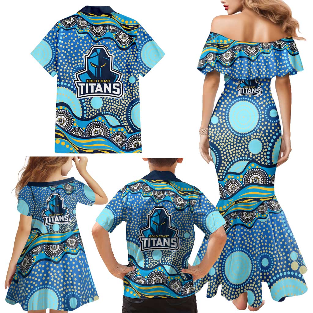 Gold Coast Titans Family Matching Mermaid Dress and Hawaiian Shirt Aboriginal Dot Pattern - Rugby Mascot Heritage Pride