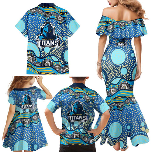 Gold Coast Titans Family Matching Mermaid Dress and Hawaiian Shirt Aboriginal Dot Pattern - Rugby Mascot Heritage Pride