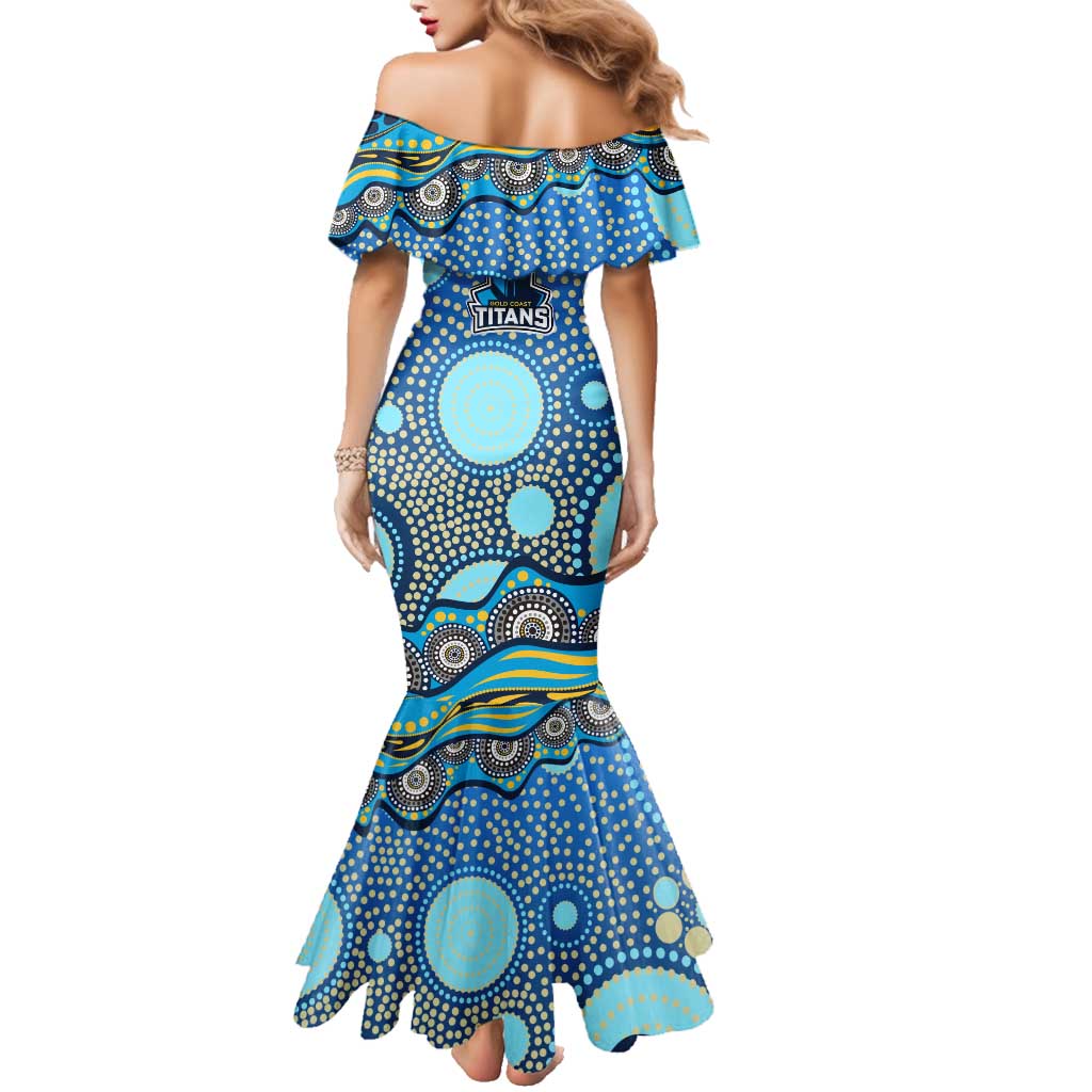 Gold Coast Titans Family Matching Mermaid Dress and Hawaiian Shirt Aboriginal Dot Pattern - Rugby Mascot Heritage Pride