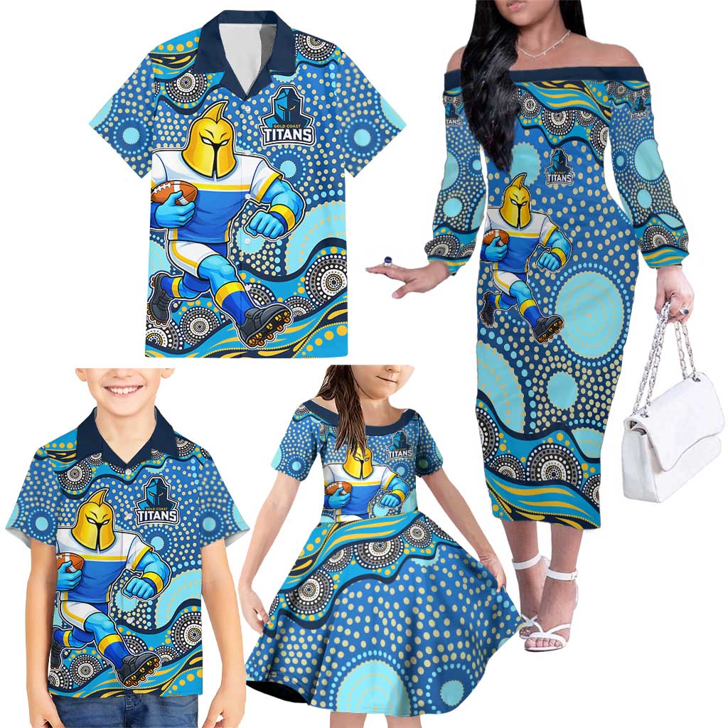 Gold Coast Titans Family Matching Off The Shoulder Long Sleeve Dress and Hawaiian Shirt Aboriginal Dot Pattern - Rugby Mascot Heritage Pride