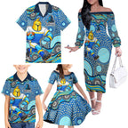 Gold Coast Titans Family Matching Off The Shoulder Long Sleeve Dress and Hawaiian Shirt Aboriginal Dot Pattern - Rugby Mascot Heritage Pride