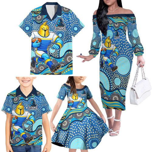 Gold Coast Titans Family Matching Off The Shoulder Long Sleeve Dress and Hawaiian Shirt Aboriginal Dot Pattern - Rugby Mascot Heritage Pride