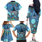 Gold Coast Titans Family Matching Off The Shoulder Long Sleeve Dress and Hawaiian Shirt Aboriginal Dot Pattern - Rugby Mascot Heritage Pride