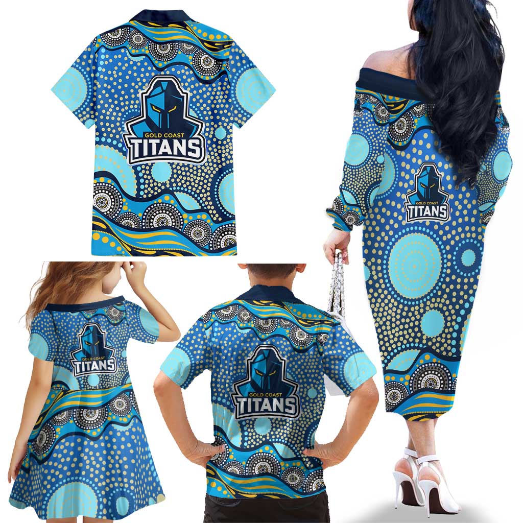Gold Coast Titans Family Matching Off The Shoulder Long Sleeve Dress and Hawaiian Shirt Aboriginal Dot Pattern - Rugby Mascot Heritage Pride
