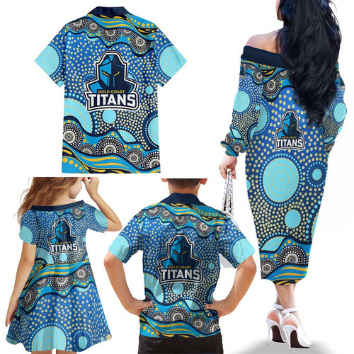 Gold Coast Titans Family Matching Off The Shoulder Long Sleeve Dress and Hawaiian Shirt Aboriginal Dot Pattern - Rugby Mascot Heritage Pride