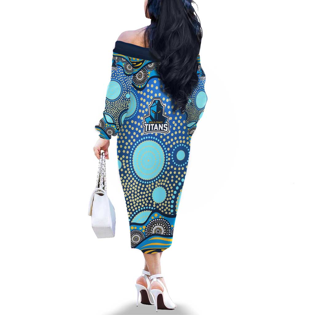 Gold Coast Titans Family Matching Off The Shoulder Long Sleeve Dress and Hawaiian Shirt Aboriginal Dot Pattern - Rugby Mascot Heritage Pride