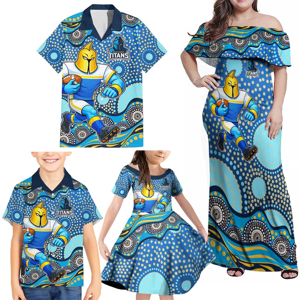 Gold Coast Titans Family Matching Off Shoulder Maxi Dress and Hawaiian Shirt Aboriginal Dot Pattern - Rugby Mascot Heritage Pride