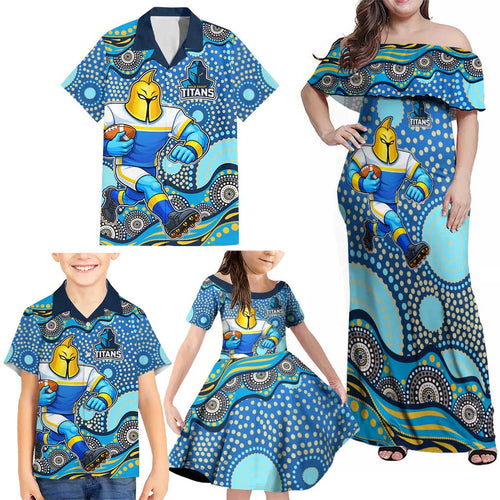 Gold Coast Titans Family Matching Off Shoulder Maxi Dress and Hawaiian Shirt Aboriginal Dot Pattern - Rugby Mascot Heritage Pride