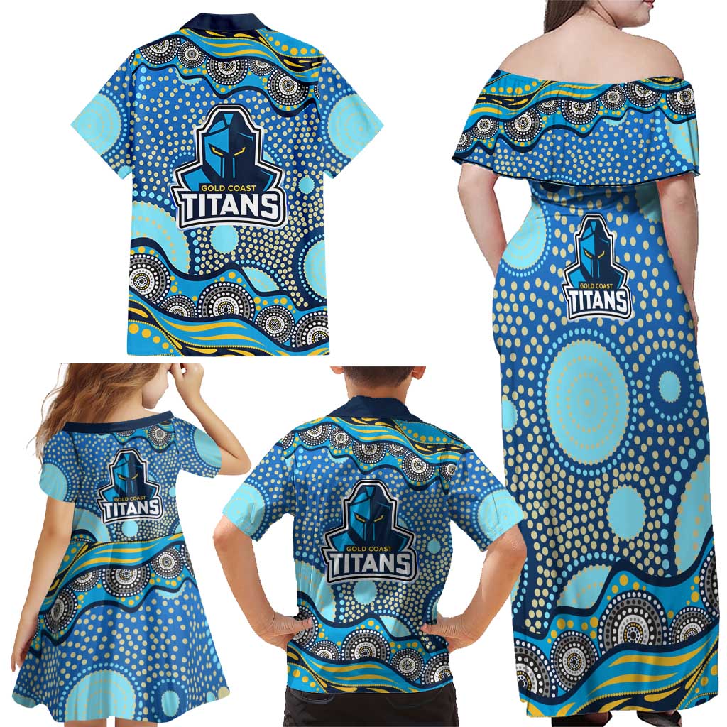 Gold Coast Titans Family Matching Off Shoulder Maxi Dress and Hawaiian Shirt Aboriginal Dot Pattern - Rugby Mascot Heritage Pride