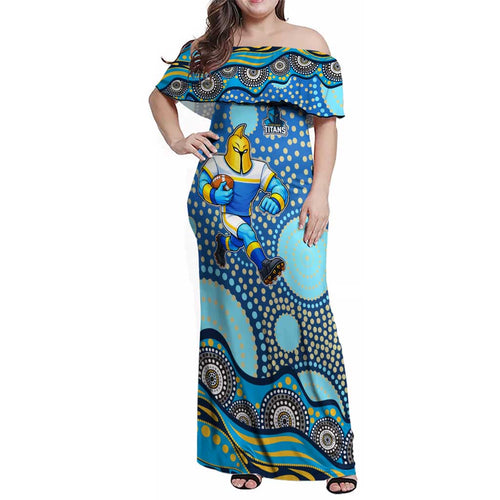 Gold Coast Titans Family Matching Off Shoulder Maxi Dress and Hawaiian Shirt Aboriginal Dot Pattern - Rugby Mascot Heritage Pride