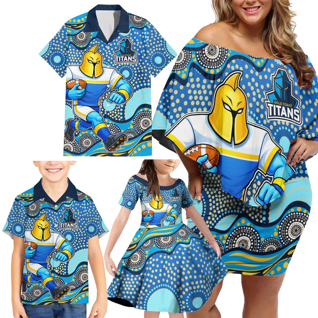 Gold Coast Titans Family Matching Off Shoulder Short Dress and Hawaiian Shirt Aboriginal Dot Pattern - Rugby Mascot Heritage Pride