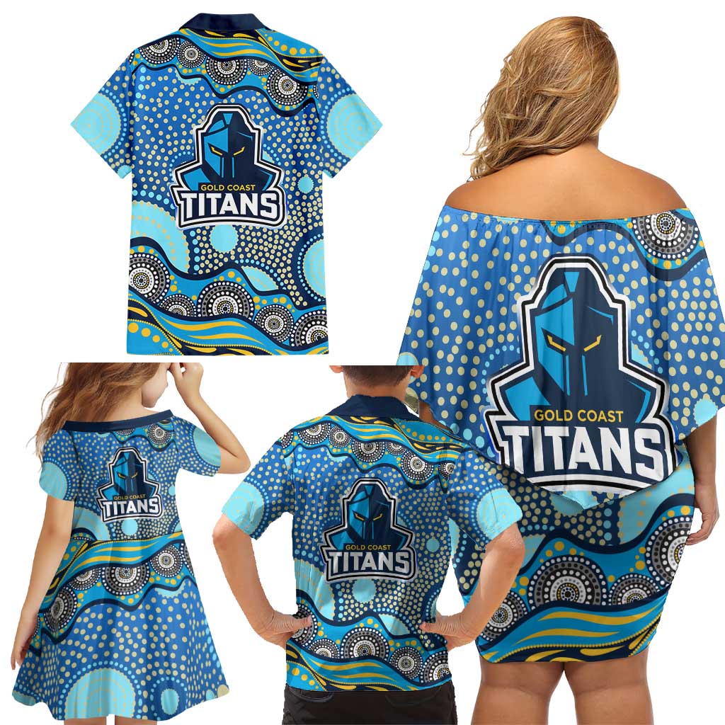 Gold Coast Titans Family Matching Off Shoulder Short Dress and Hawaiian Shirt Aboriginal Dot Pattern - Rugby Mascot Heritage Pride