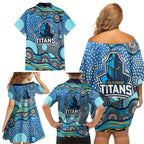 Gold Coast Titans Family Matching Off Shoulder Short Dress and Hawaiian Shirt Aboriginal Dot Pattern - Rugby Mascot Heritage Pride