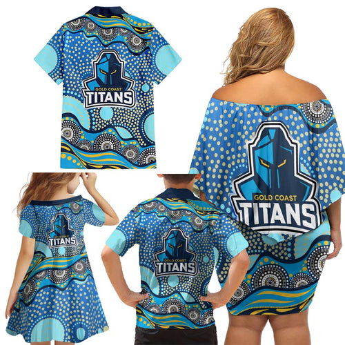 Gold Coast Titans Family Matching Off Shoulder Short Dress and Hawaiian Shirt Aboriginal Dot Pattern - Rugby Mascot Heritage Pride