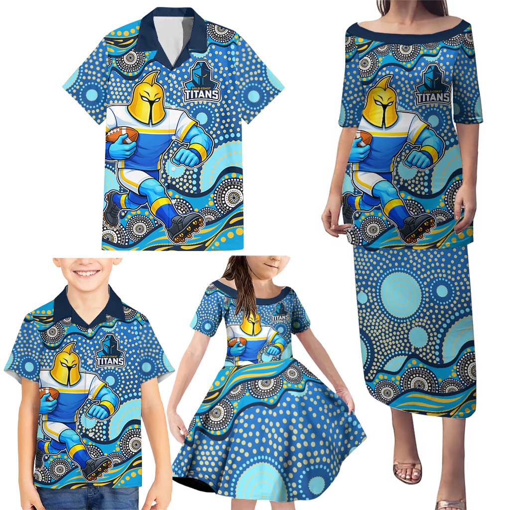 Gold Coast Titans Family Matching Puletasi and Hawaiian Shirt Aboriginal Dot Pattern - Rugby Mascot Heritage Pride