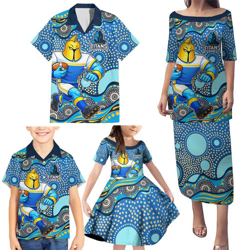 Gold Coast Titans Family Matching Puletasi and Hawaiian Shirt Aboriginal Dot Pattern - Rugby Mascot Heritage Pride
