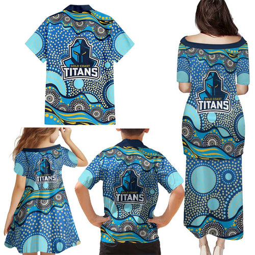 Gold Coast Titans Family Matching Puletasi and Hawaiian Shirt Aboriginal Dot Pattern - Rugby Mascot Heritage Pride