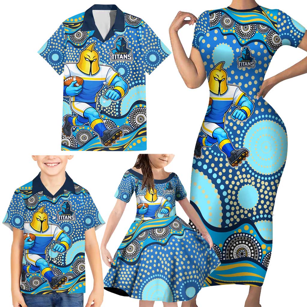 Gold Coast Titans Family Matching Short Sleeve Bodycon Dress and Hawaiian Shirt Aboriginal Dot Pattern - Rugby Mascot Heritage Pride