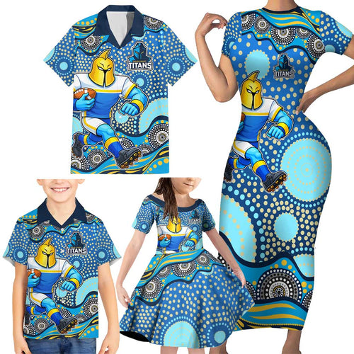 Gold Coast Titans Family Matching Short Sleeve Bodycon Dress and Hawaiian Shirt Aboriginal Dot Pattern - Rugby Mascot Heritage Pride