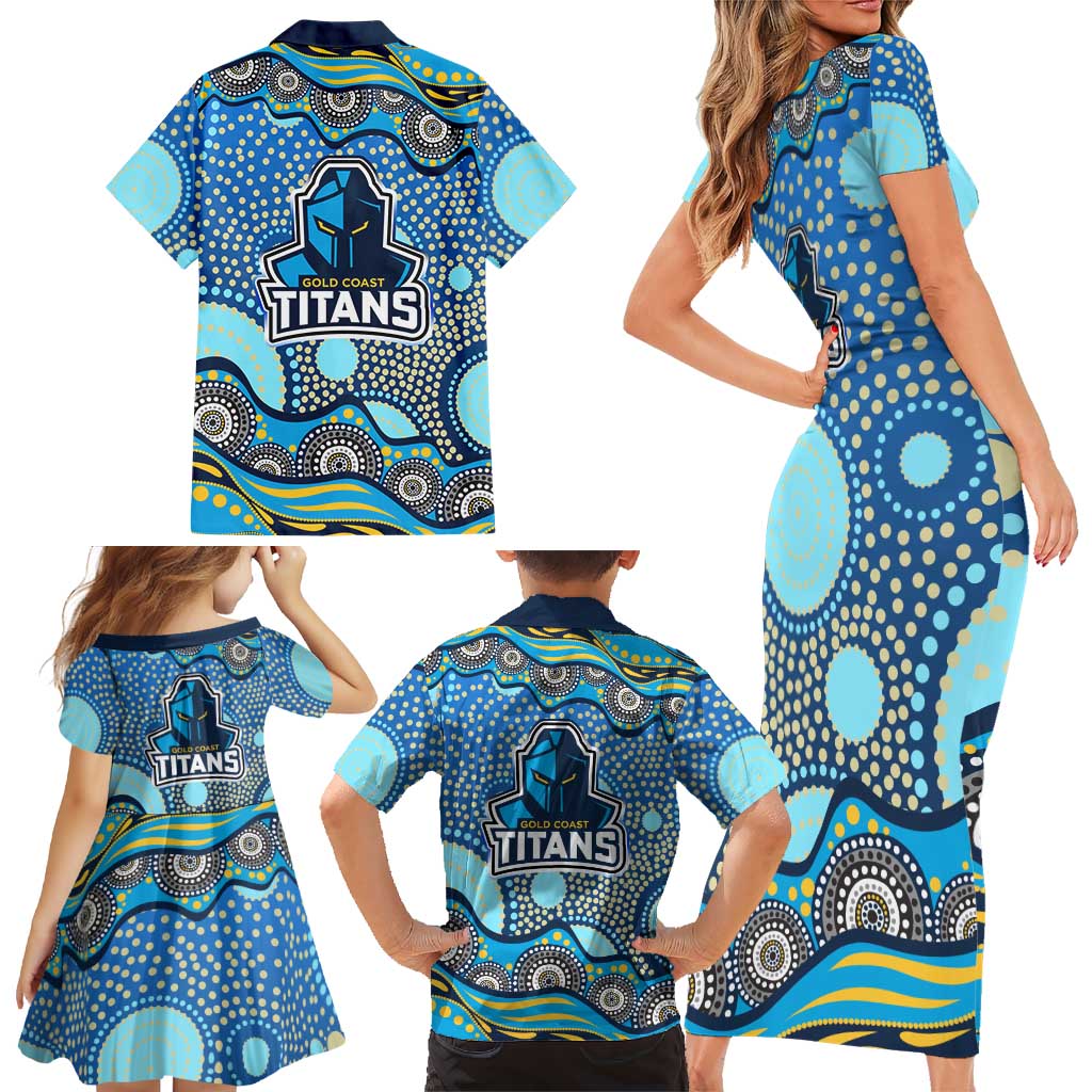 Gold Coast Titans Family Matching Short Sleeve Bodycon Dress and Hawaiian Shirt Aboriginal Dot Pattern - Rugby Mascot Heritage Pride