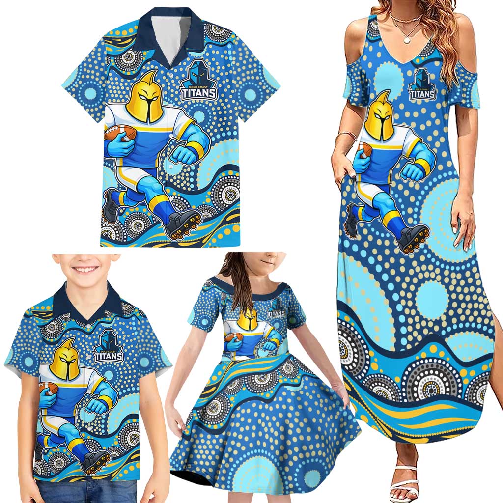 Gold Coast Titans Family Matching Summer Maxi Dress and Hawaiian Shirt Aboriginal Dot Pattern - Rugby Mascot Heritage Pride