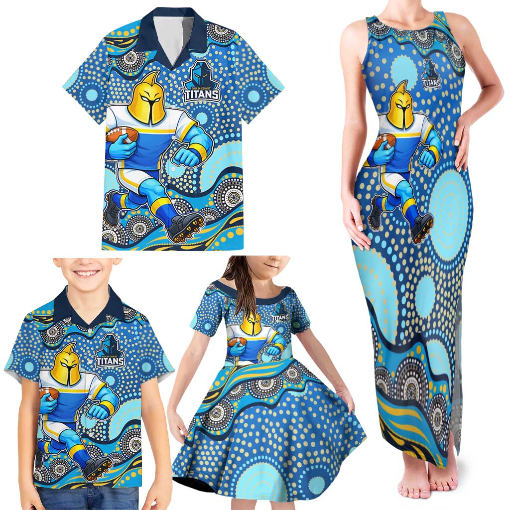 Gold Coast Titans Family Matching Tank Maxi Dress and Hawaiian Shirt Aboriginal Dot Pattern - Rugby Mascot Heritage Pride