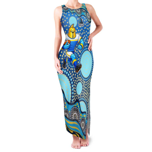 Gold Coast Titans Family Matching Tank Maxi Dress and Hawaiian Shirt Aboriginal Dot Pattern - Rugby Mascot Heritage Pride