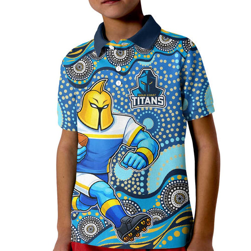 Gold Coast Titans Kid Polo Shirt Aboriginal Dot Pattern - Rugby Mascot Heritage Pride