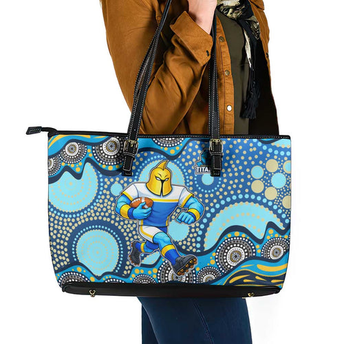 Gold Coast Titans Leather Tote Bag Aboriginal Dot Pattern - Rugby Mascot Heritage Pride