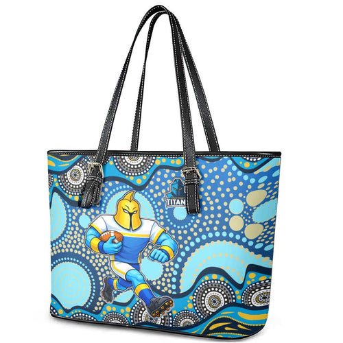Gold Coast Titans Leather Tote Bag Aboriginal Dot Pattern - Rugby Mascot Heritage Pride