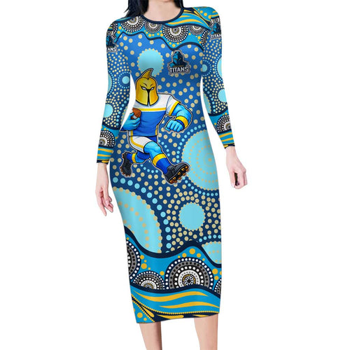 Gold Coast Titans Long Sleeve Bodycon Dress Aboriginal Dot Pattern - Rugby Mascot Heritage Pride