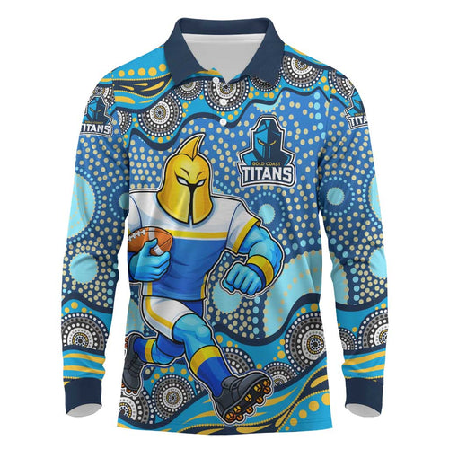 Gold Coast Titans Long Sleeve Polo Shirt Aboriginal Dot Pattern - Rugby Mascot Heritage Pride
