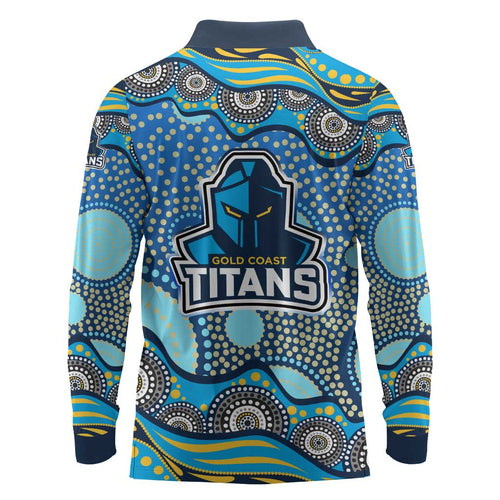 Gold Coast Titans Long Sleeve Polo Shirt Aboriginal Dot Pattern - Rugby Mascot Heritage Pride