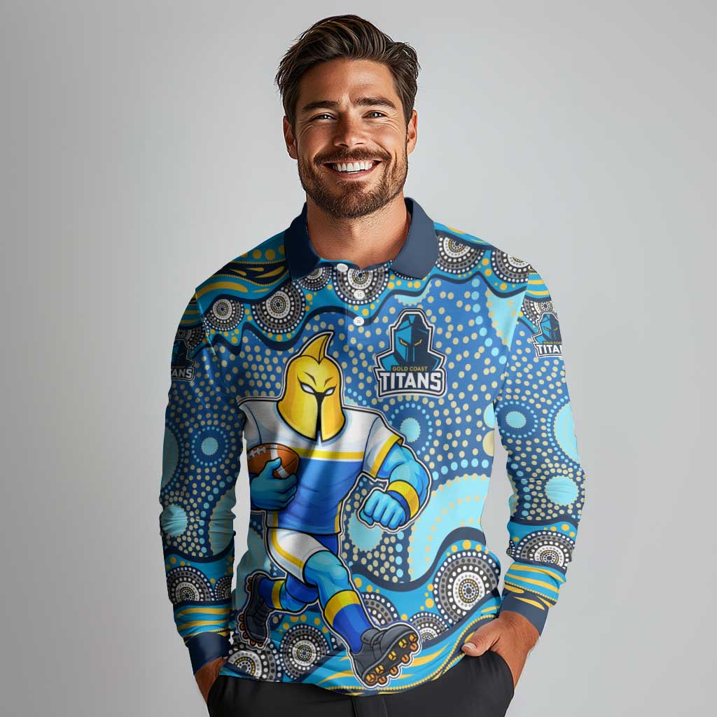 Gold Coast Titans Long Sleeve Polo Shirt Aboriginal Dot Pattern - Rugby Mascot Heritage Pride