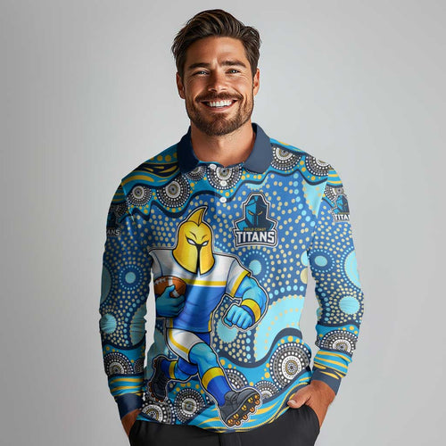 Gold Coast Titans Long Sleeve Polo Shirt Aboriginal Dot Pattern - Rugby Mascot Heritage Pride