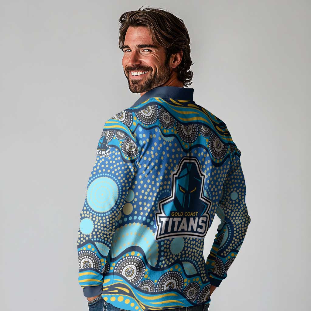 Gold Coast Titans Long Sleeve Polo Shirt Aboriginal Dot Pattern - Rugby Mascot Heritage Pride