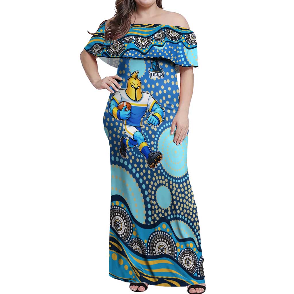 Gold Coast Titans Off Shoulder Maxi Dress Aboriginal Dot Pattern - Rugby Mascot Heritage Pride