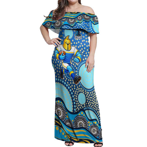 Gold Coast Titans Off Shoulder Maxi Dress Aboriginal Dot Pattern - Rugby Mascot Heritage Pride