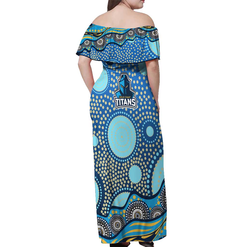 Gold Coast Titans Off Shoulder Maxi Dress Aboriginal Dot Pattern - Rugby Mascot Heritage Pride
