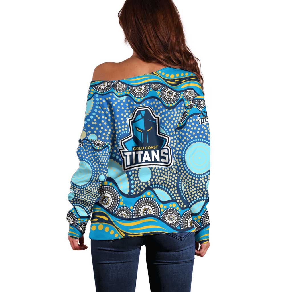 Gold Coast Titans Off Shoulder Sweater Aboriginal Dot Pattern - Rugby Mascot Heritage Pride