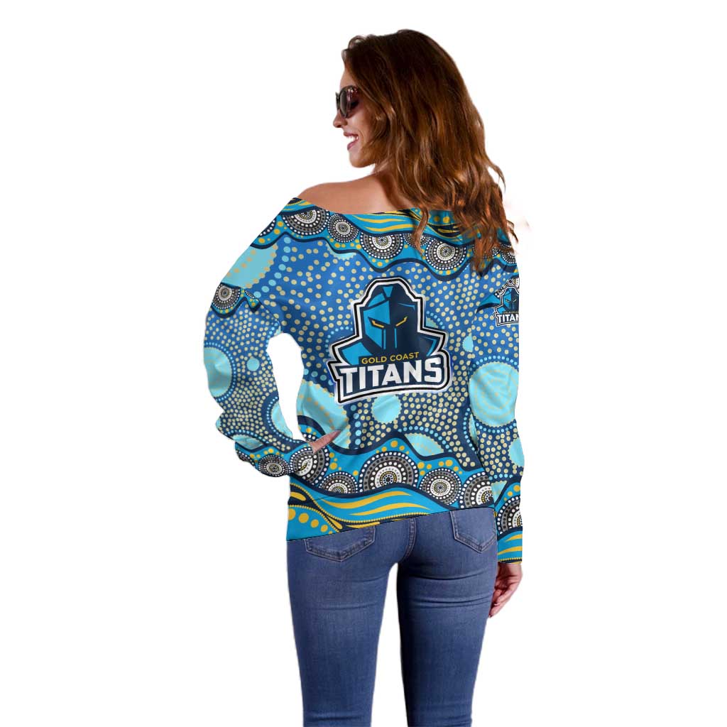 Gold Coast Titans Off Shoulder Sweater Aboriginal Dot Pattern - Rugby Mascot Heritage Pride