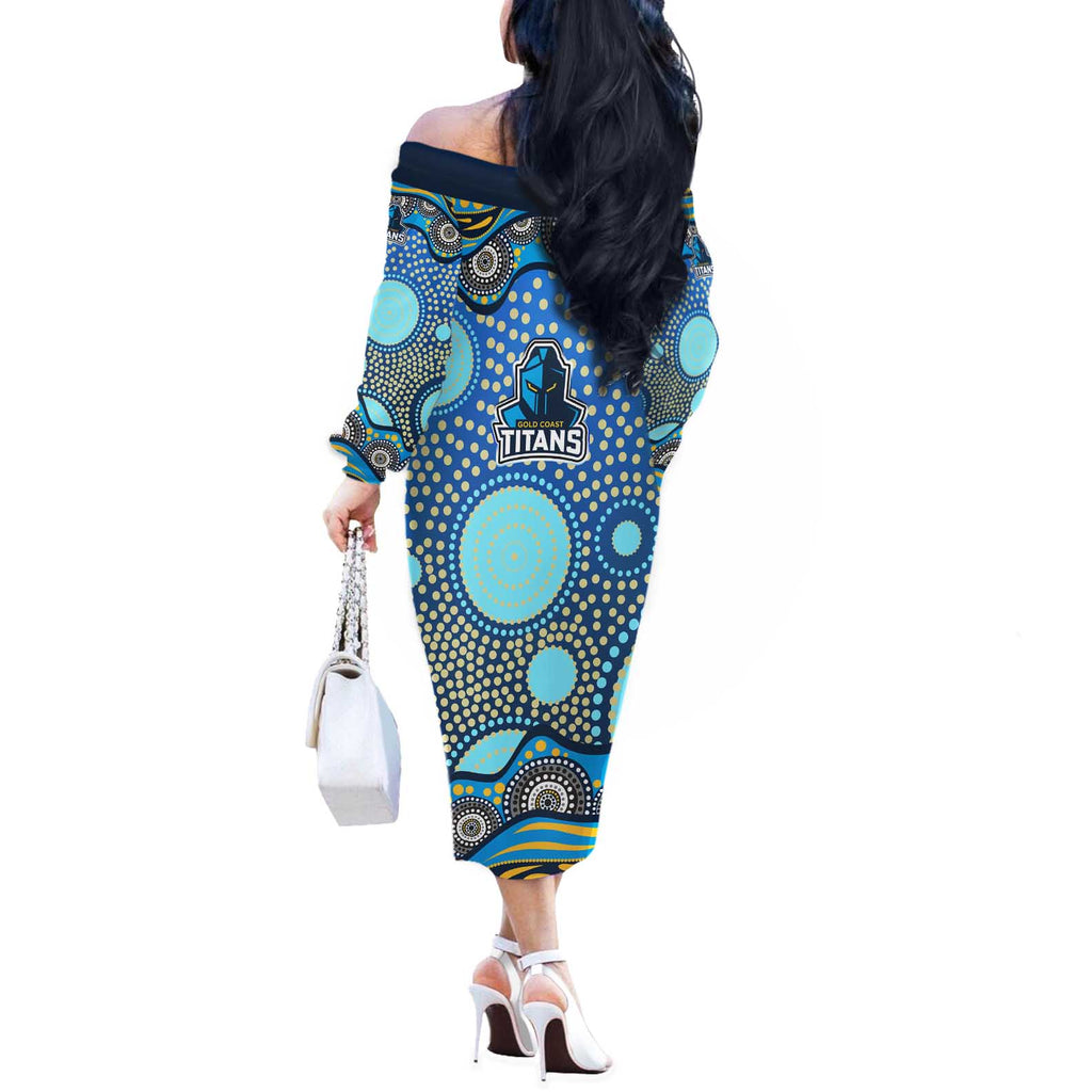 Gold Coast Titans Off The Shoulder Long Sleeve Dress Aboriginal Dot Pattern - Rugby Mascot Heritage Pride